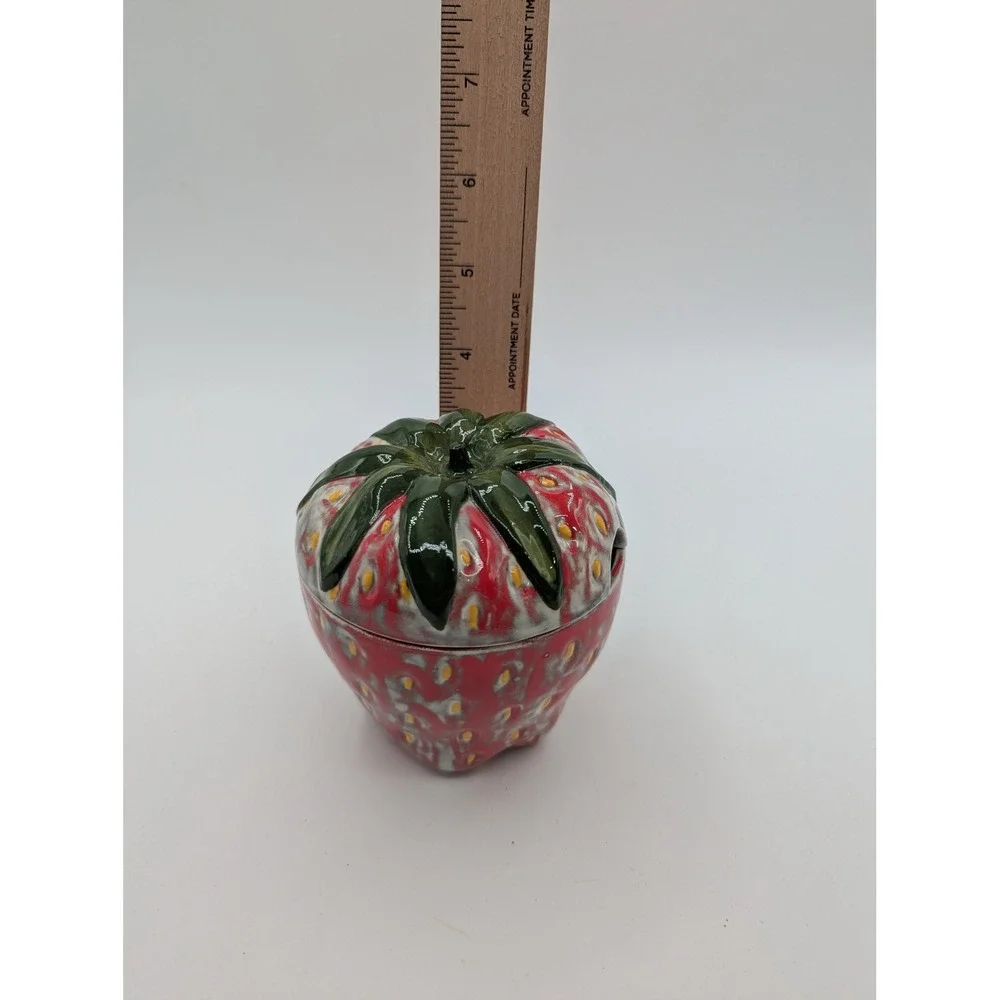 Vintage Signed Lana Ceramic Strawberry Jam Jar with Lid Red Fruit Sugar Bowl